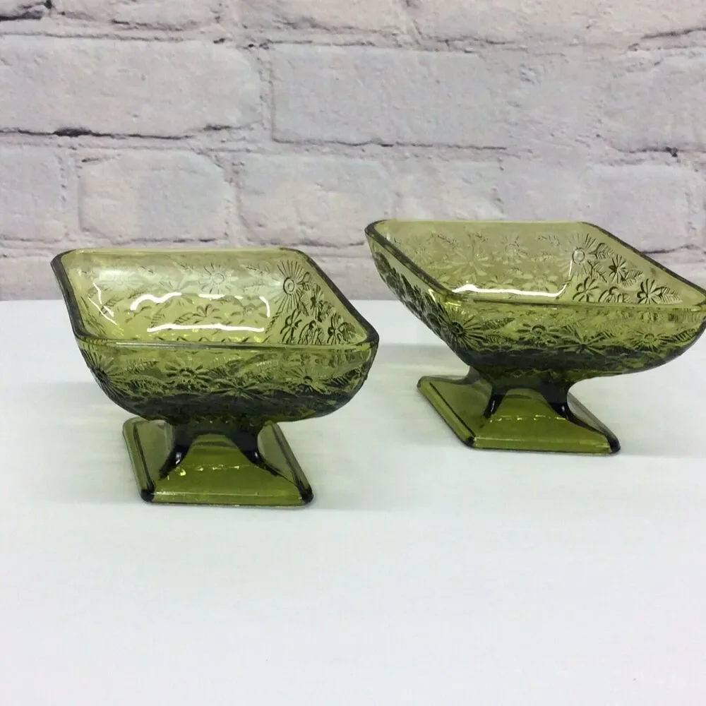 Vintage Indiana Glass Olive Green Diamond Shape Pedestal Candy Dish Bowl Set 2